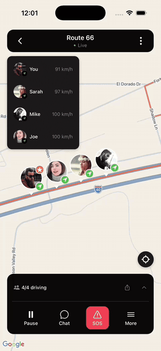 Live map preview showing a drive with multiple crew members tracked in real time